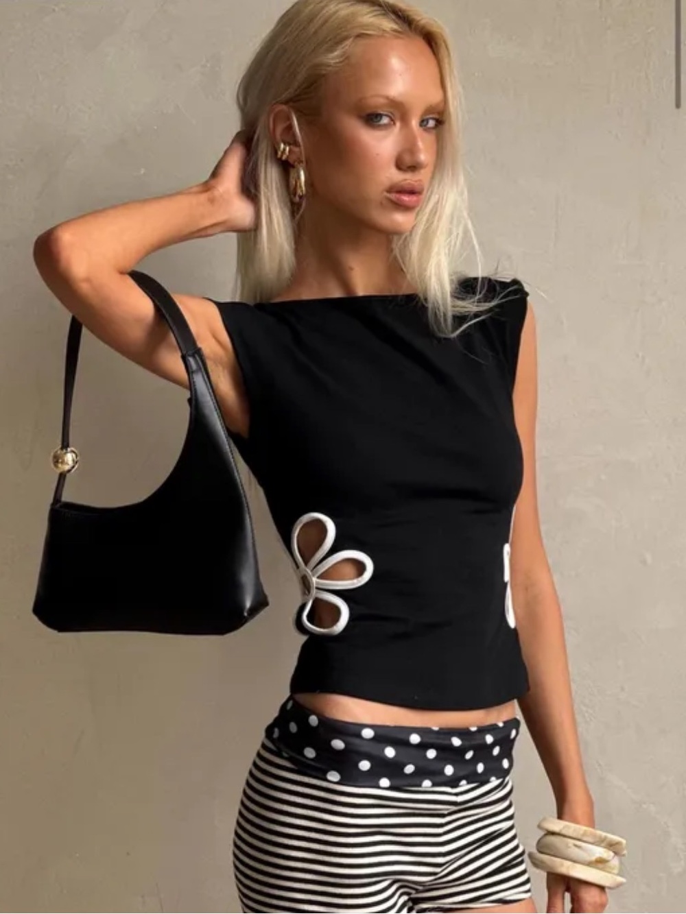Princess Polly Black Sleeveless Top with White Cutout Detail